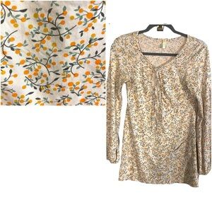 Anthropologie Little Yellow Button Peach Print Long Sleeve Top Sz Small
